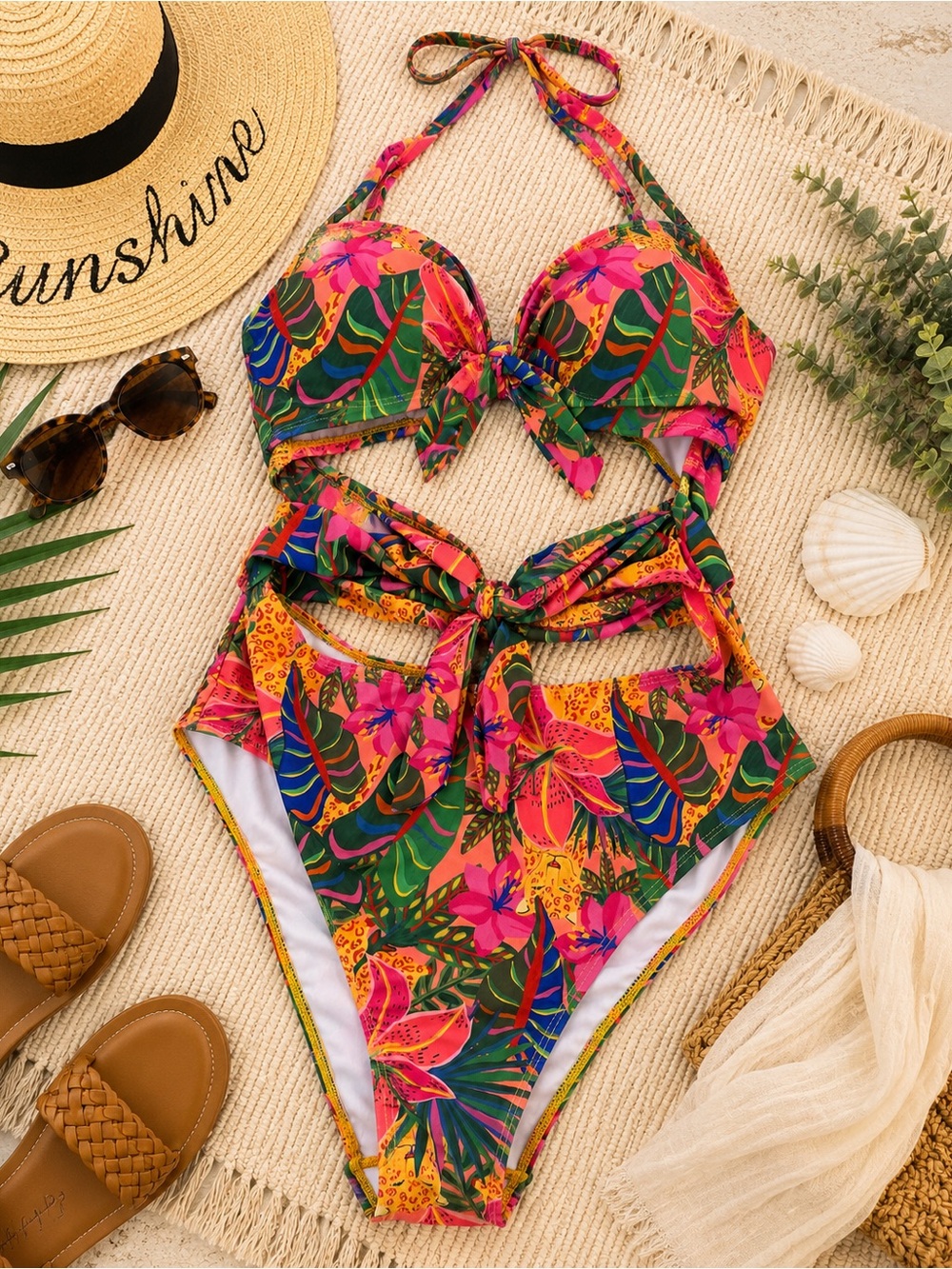 Tropical Cutout One Piece Swimsuit Pink Floral Tie Waist Size Large